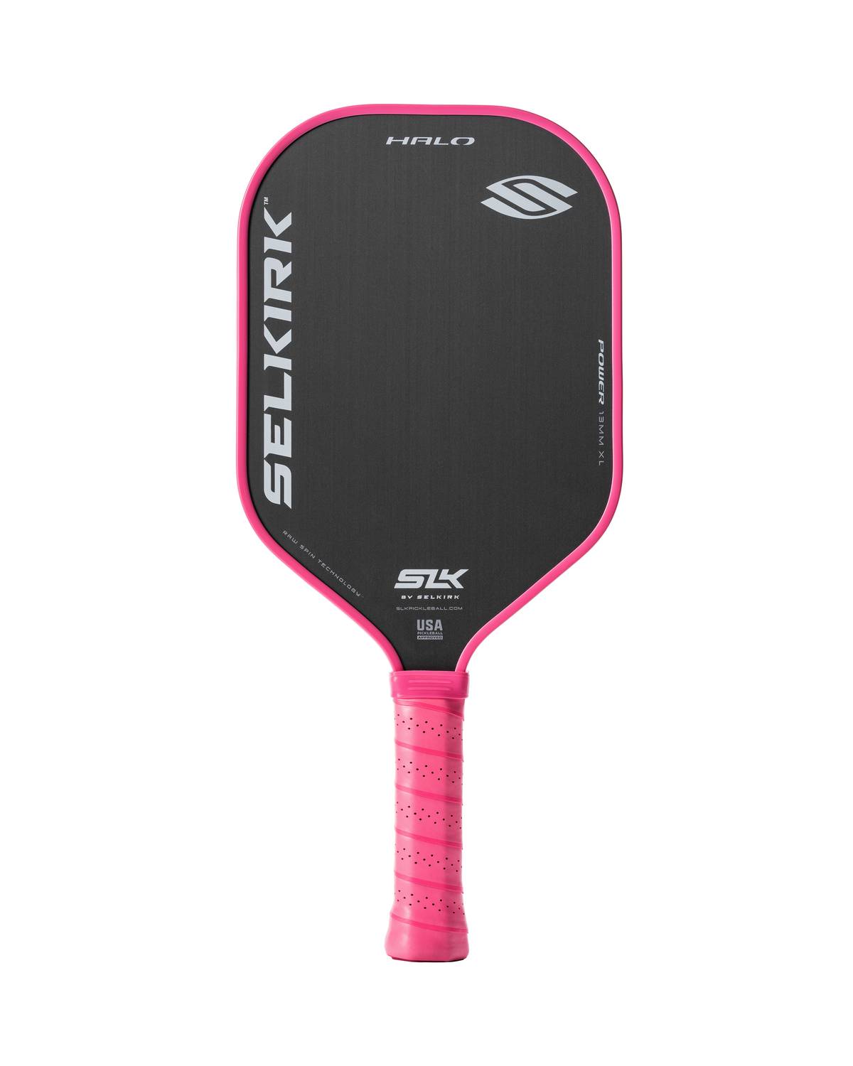 A Pickleballist Selkirk SLK Halo XL pickleball paddle with a black face and pink accents, featuring logos and text descriptions.