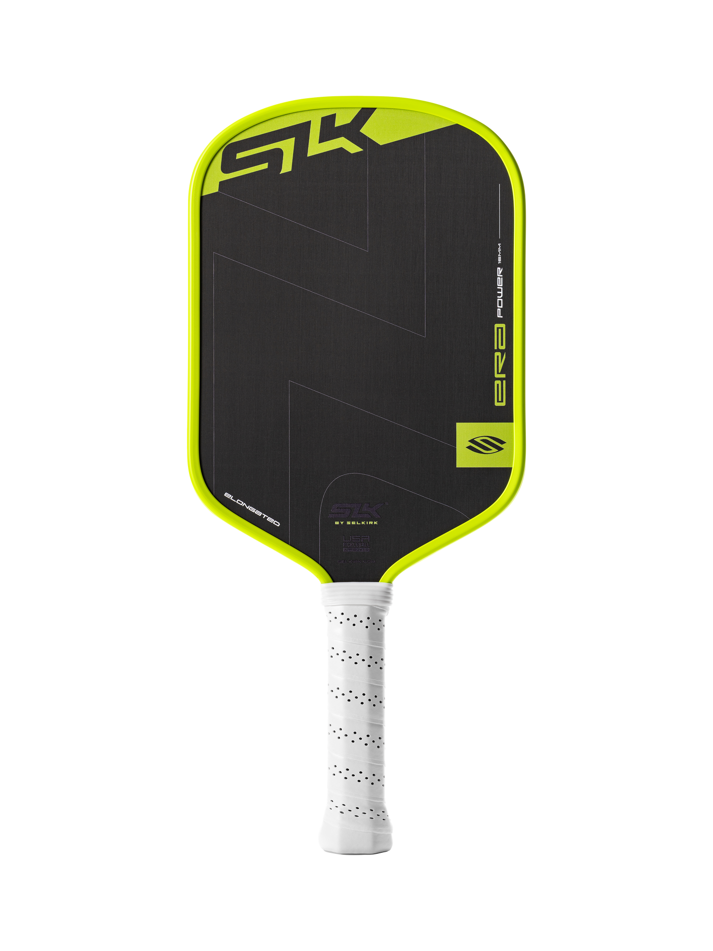 The Selkirk SLK ERA Power Elongated Carbon Fiber Pickleball Paddle features a black and neon yellow design with geometric patterns, a white perforated grip, and Selkirk branding on the face.