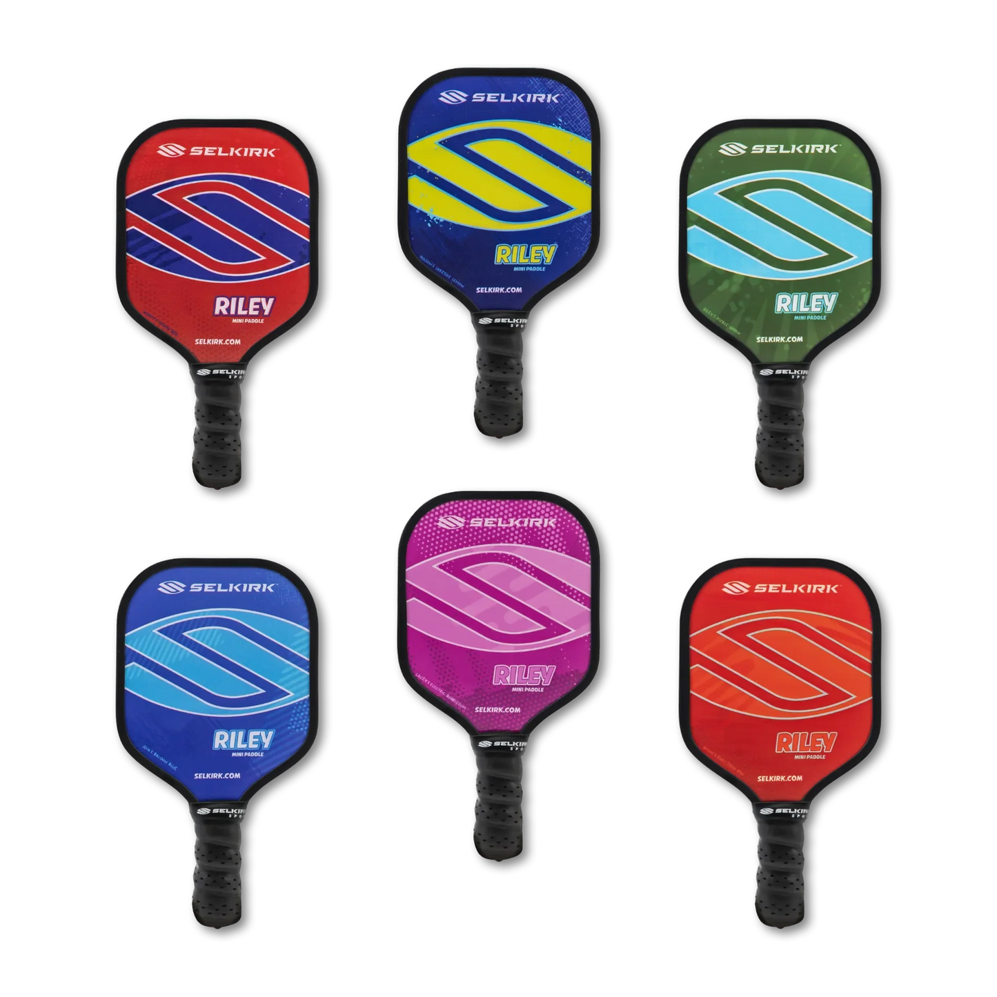 Six pickleball paddles with different colors and designs are displayed against a black background. Each paddle has a "Selkirk" logo and the name "Riley Mini Pickleball Paddle" printed on them, making the Selkirk Riley Mini Pickleball Paddle collection a perfect novelty gift featuring Barnes’ children’s favorite colors.