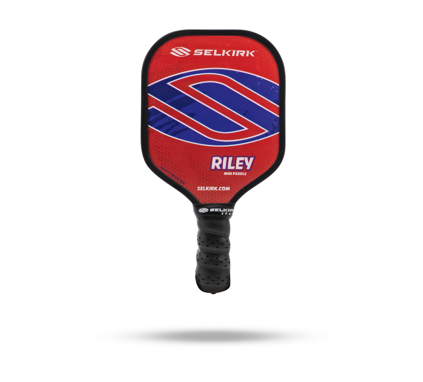 Red and blue Selkirk Riley Mini Pickleball Paddle with a black grip, branded with "Selkirk" and "Riley," isolated on a white background, from the Riley Paddle Collection.