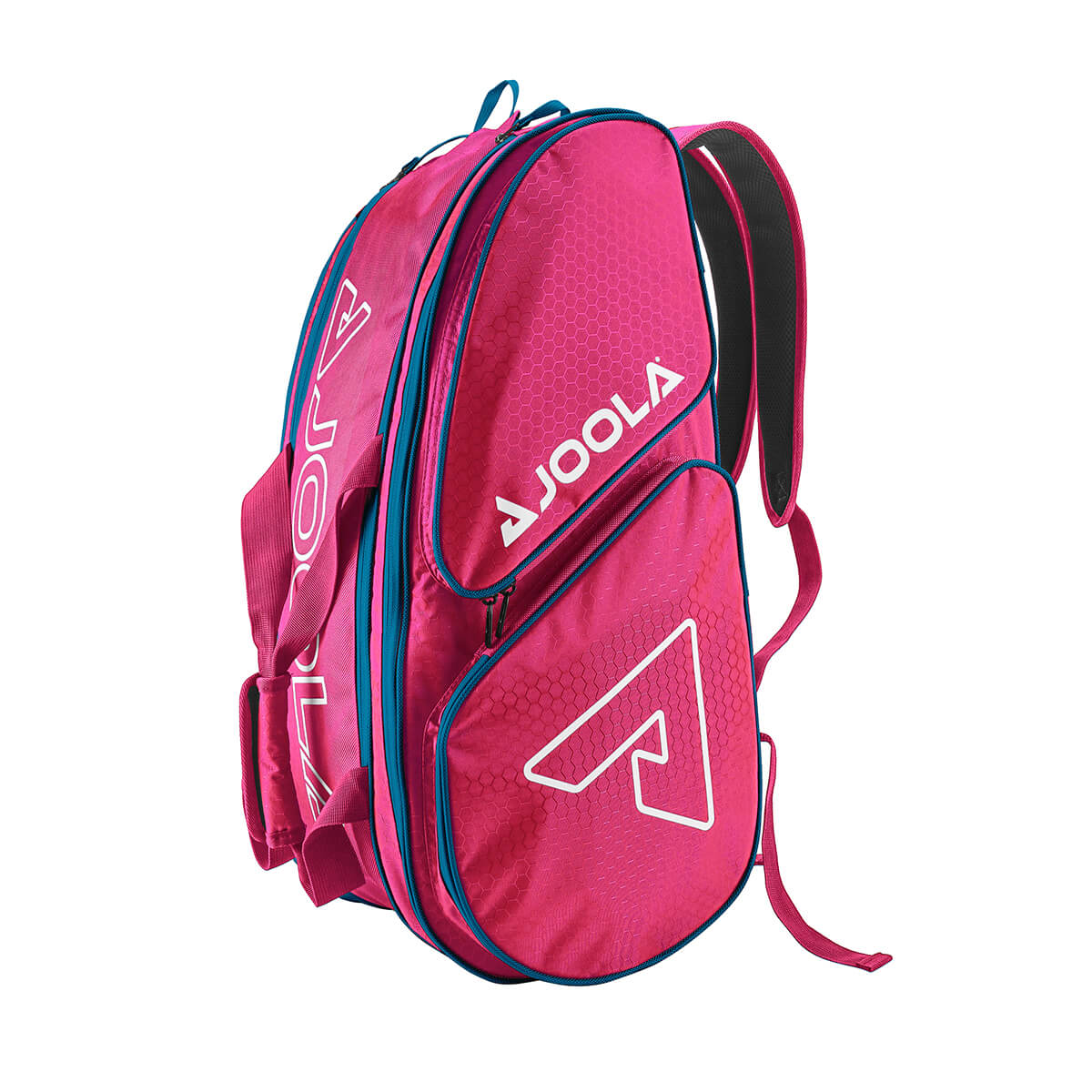 Bright pink Pickleballist branded JOOLA Tour Elite Bag Pickleball Bag with multiple compartments and blue zippers, isolated on a white background.