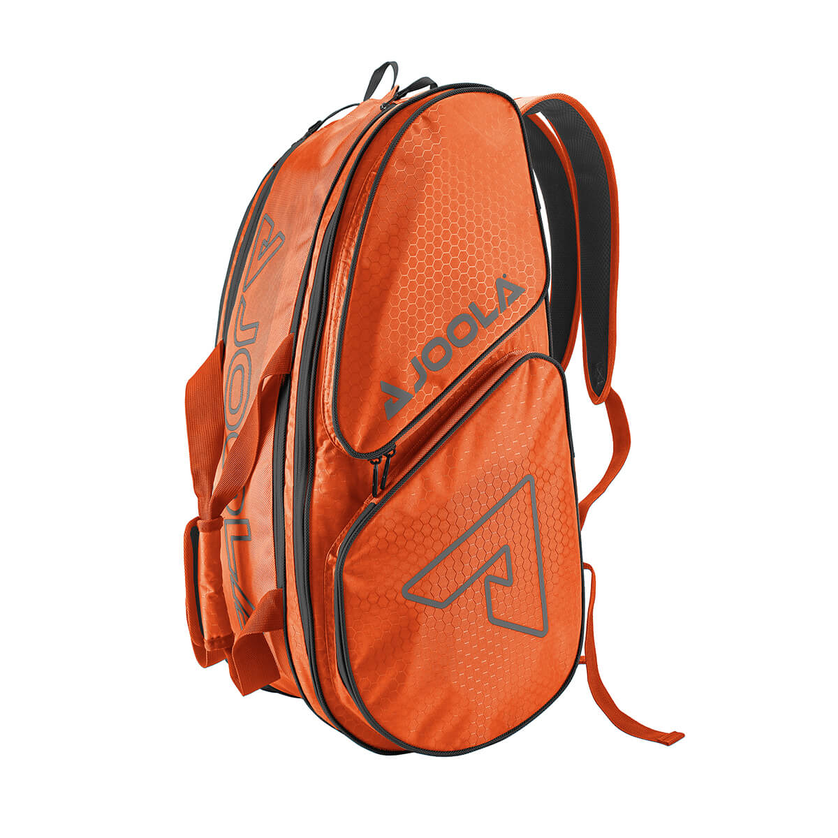 Orange Pickleballist JOOLA Tour Elite Bag with multiple compartments and logo, isolated on a white background.