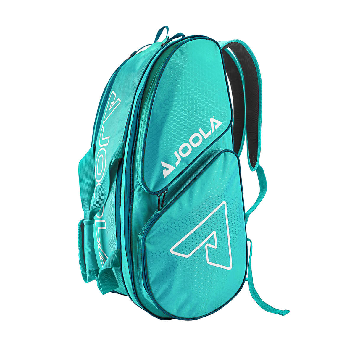 Aqua blue Pickleballist branded tote bag with multiple compartments and zippers, isolated on a white background.