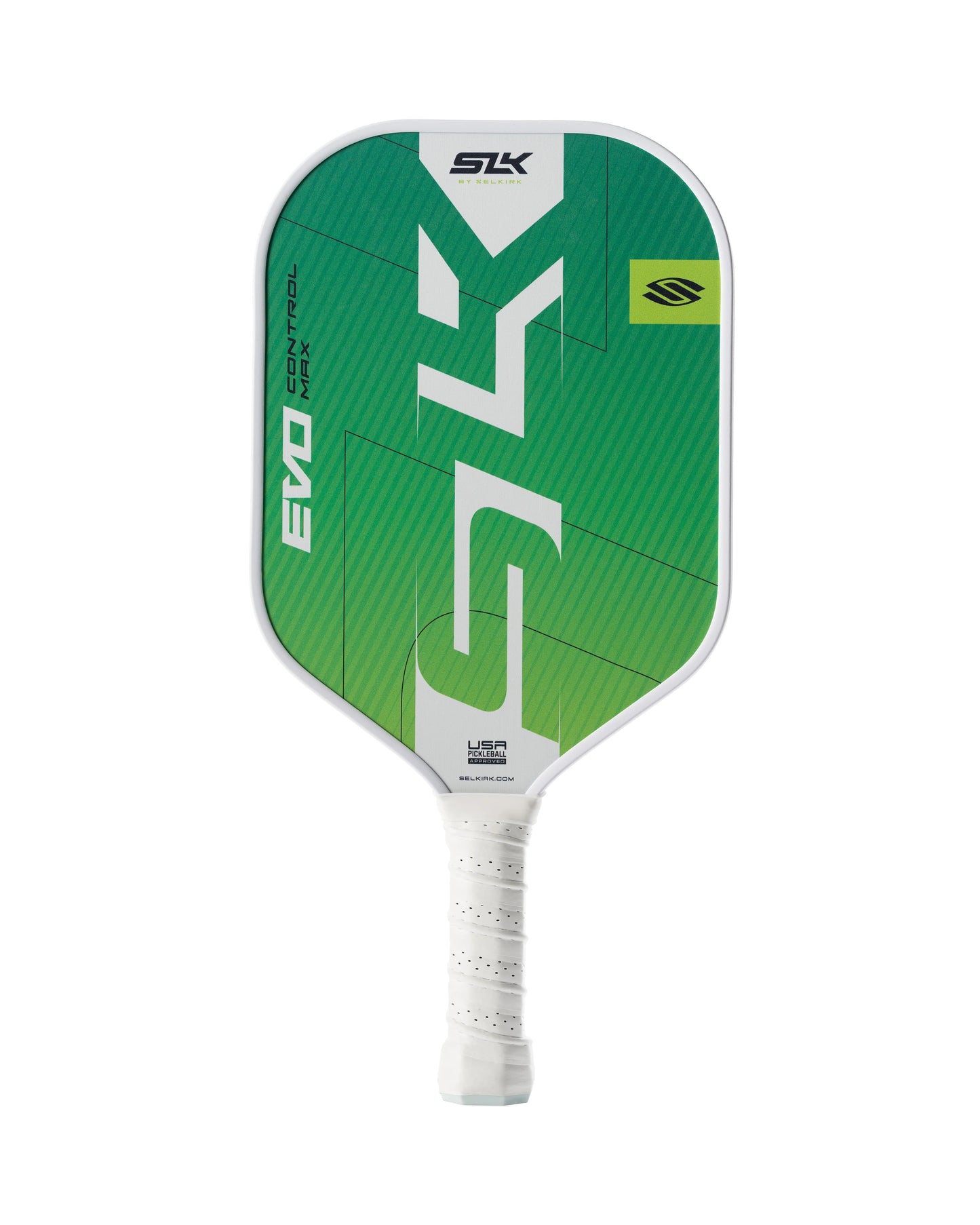 A Selkirk SLK EVO Max Control Pickleball Paddle in green and white, adorned with geometric patterns and text design, featuring a white grip handle.