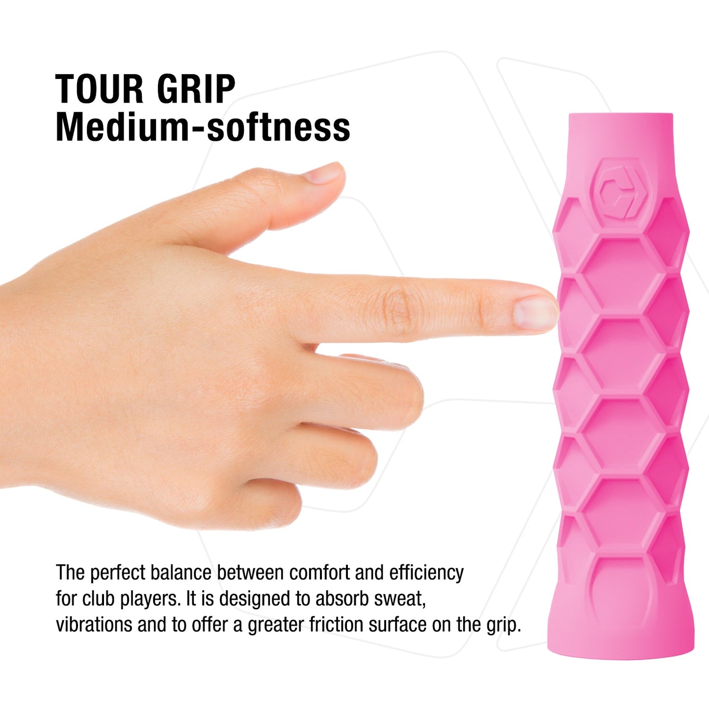 A hand points to a pink pickleball grip with a hexagonal pattern. Text reads: "Hesacore XS Medium-softness." The description highlights comfort, efficiency, sweat absorption, and friction surface.