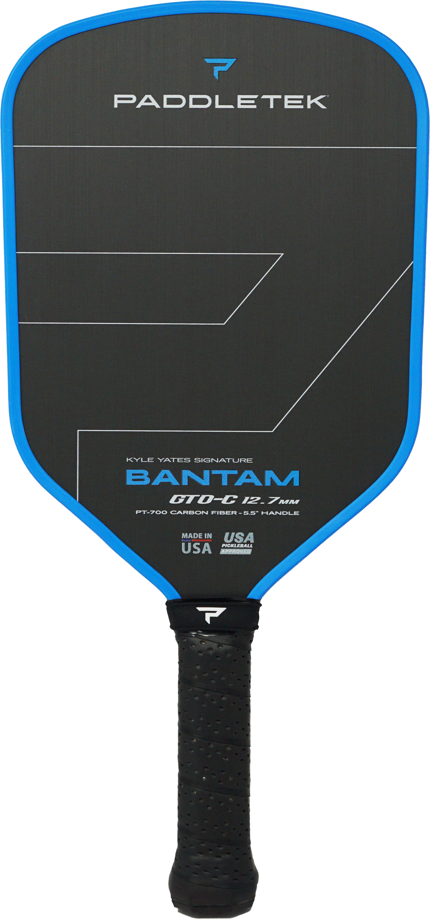 The Paddletek Bantam GTO-C 12.7mm Carbon Fiber Pickleball Paddle features a black surface, blue edges, and black grip, with branded and signature details on the face.