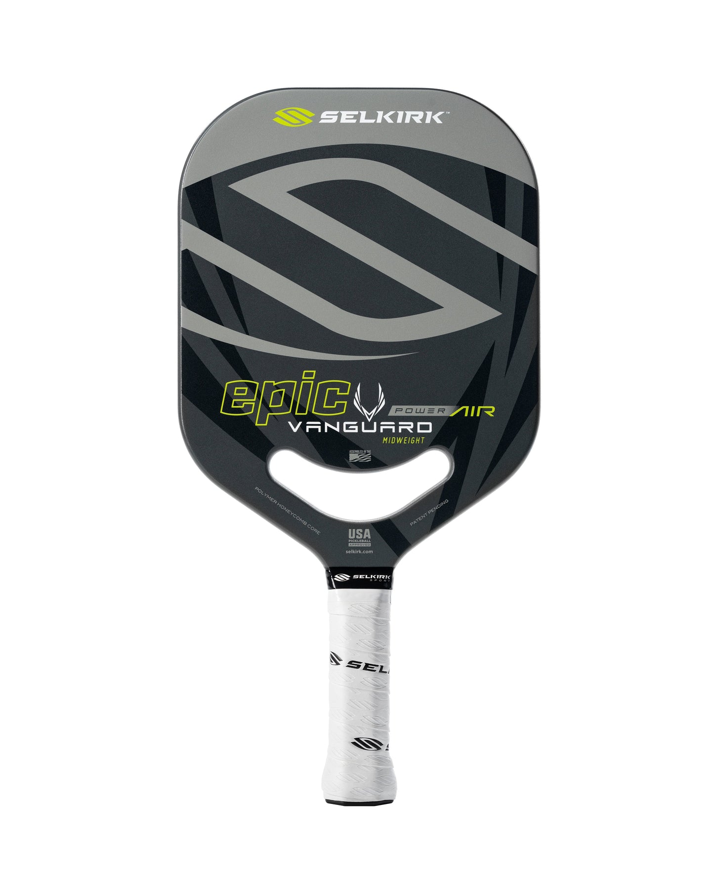 A Selkirk Power Air Epic Pickleball Paddle with a black and grey design, featuring the text "epic Vanguard Power Air" in yellow and white. The handle is wrapped in a white grip. Known for their high-performance paddles, this model comes with a Limited Lifetime Warranty.