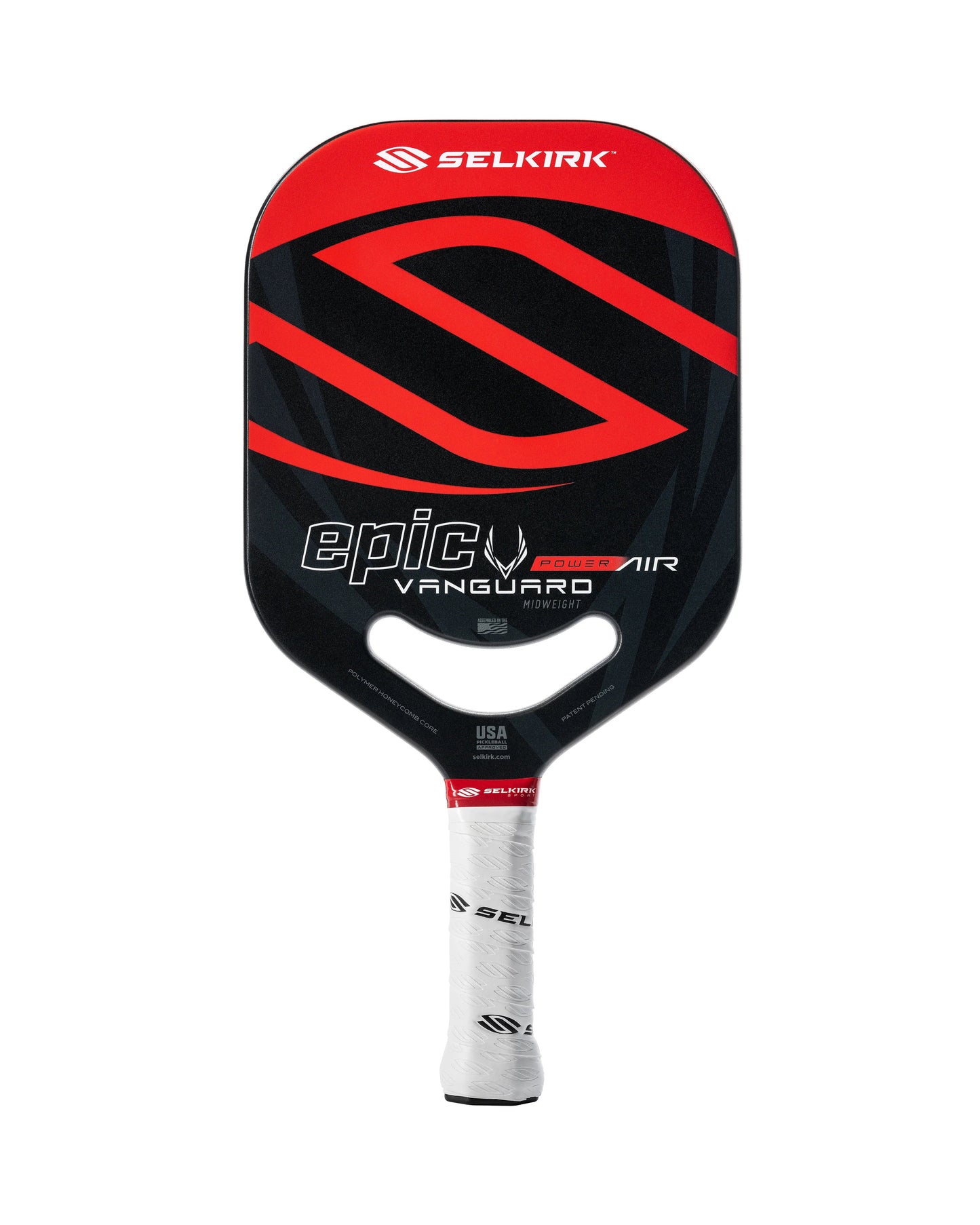 A Selkirk Power Air Epic Pickleball Paddle with a red and black design, featuring "Epic" branding and a white handle. This high-performance paddle from Selkirk also comes with a Limited Lifetime Warranty.