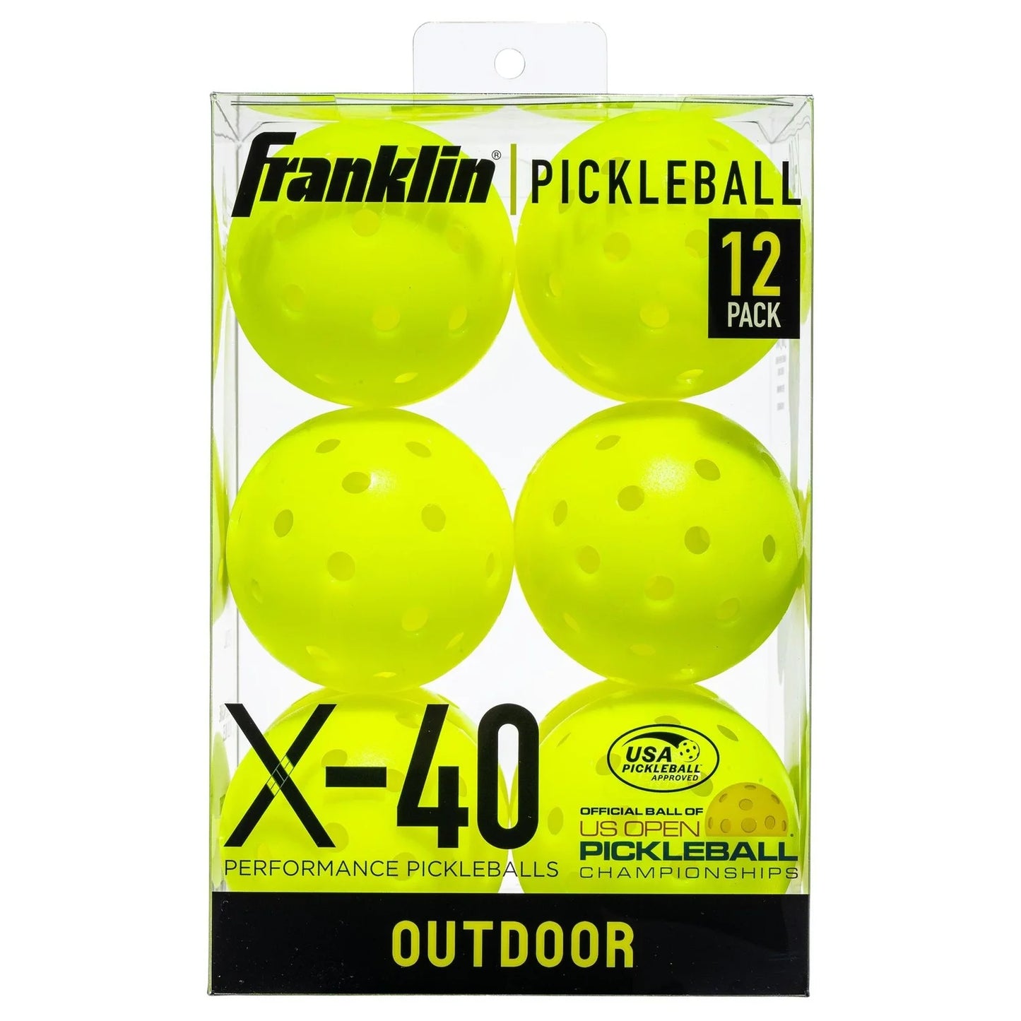 Box of Franklin X-40 Outdoor Pickleball Balls includes 12 neon yellow balls with machine-drilled holes. Labeled "Official Ball of US Open Pickleball Championships," these USAPA-approved balls by Franklin provide top-tier court performance.
