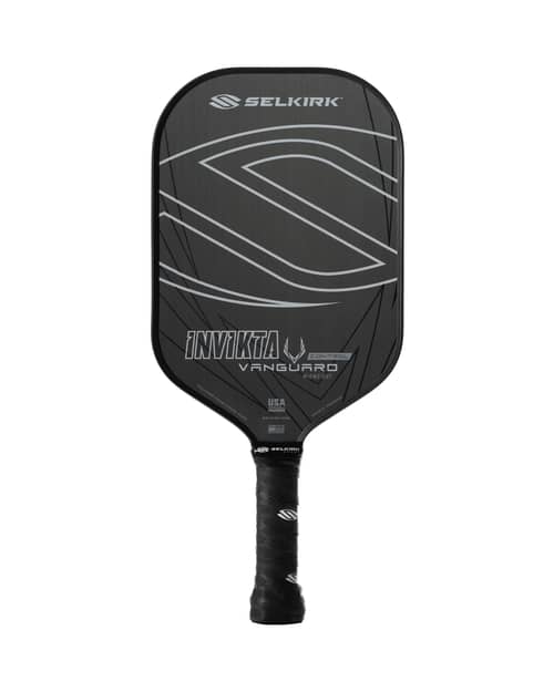 A black Selkirk Vanguard Control Invikta 16mm Pickleball Paddle with the brand name, "Selkirk," and the model name, "Invikta Vanguard," printed on the face.