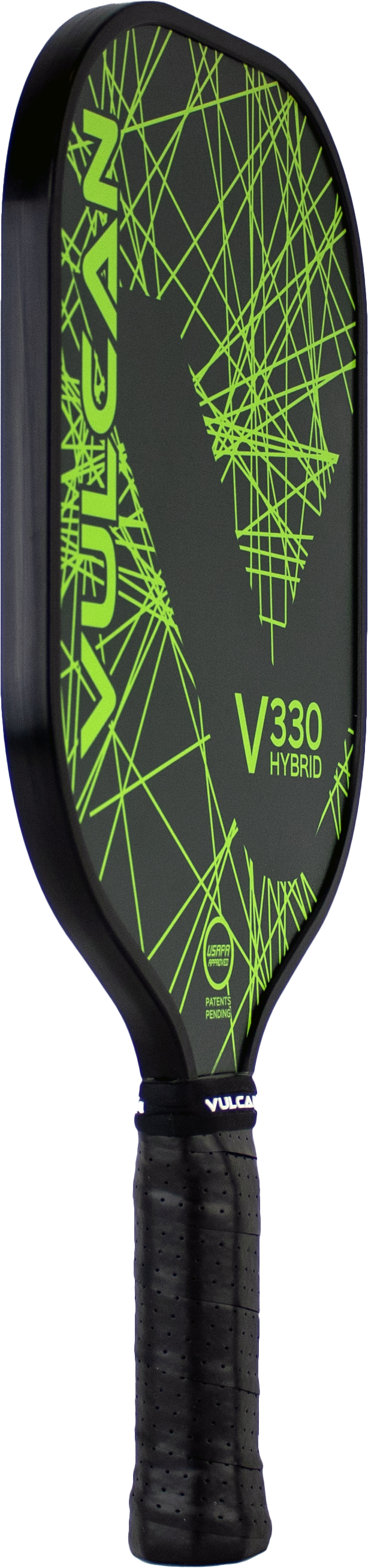 A Pickleballist Vulcan V330 hybrid pickleball paddle with a black and Lime Lazer geometric design on the face and a textured grip.