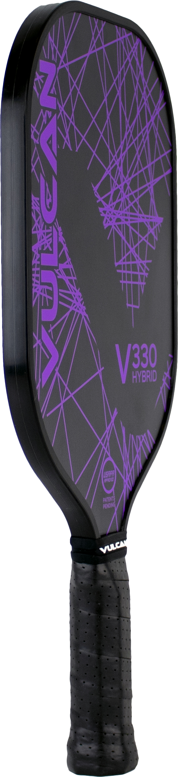 A Pickleballist Vulcan V330 hybrid pickleball paddle with a lime lazer geometric pattern on the face and a black grip.