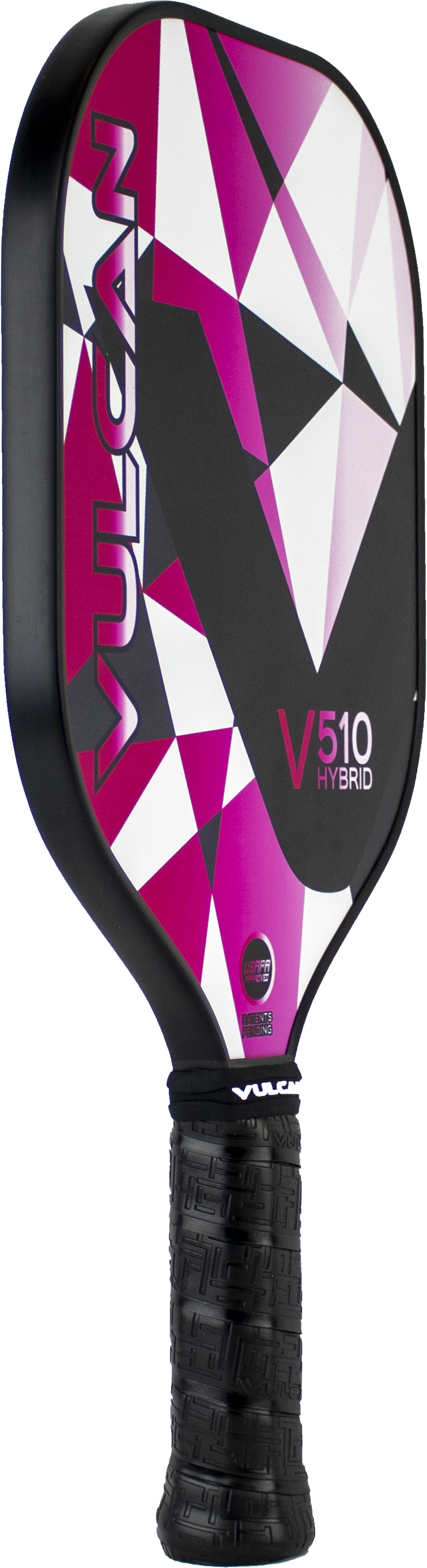 A Pickleballist V510 hybrid pickleball paddle with a Light Geo design in purple, white, and black colors, featuring a textured black grip.