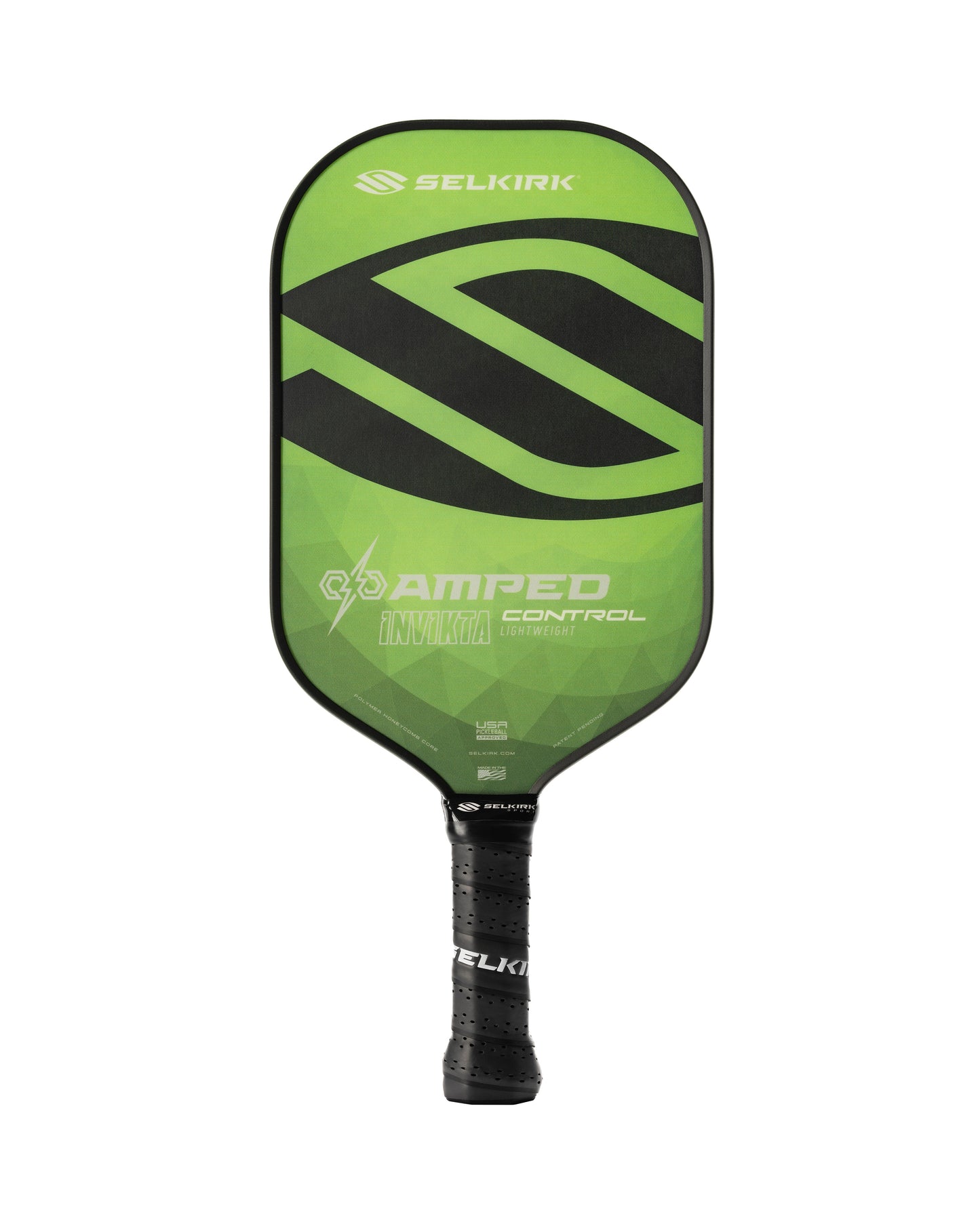 The Selkirk AMPED Control Invikta 16mm Pickleball Paddle is green with a black handle, featuring the "AMPED Control Invikta" logo and details about its technology and specifications.