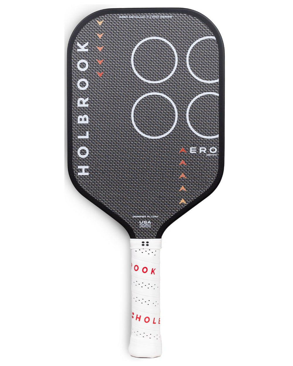 The Holbrook Pro - Aero Metallic T 16mm is a black pickleball paddle featuring a textured surface, with "Holbrook" in white on the side and a white handle accented in red.