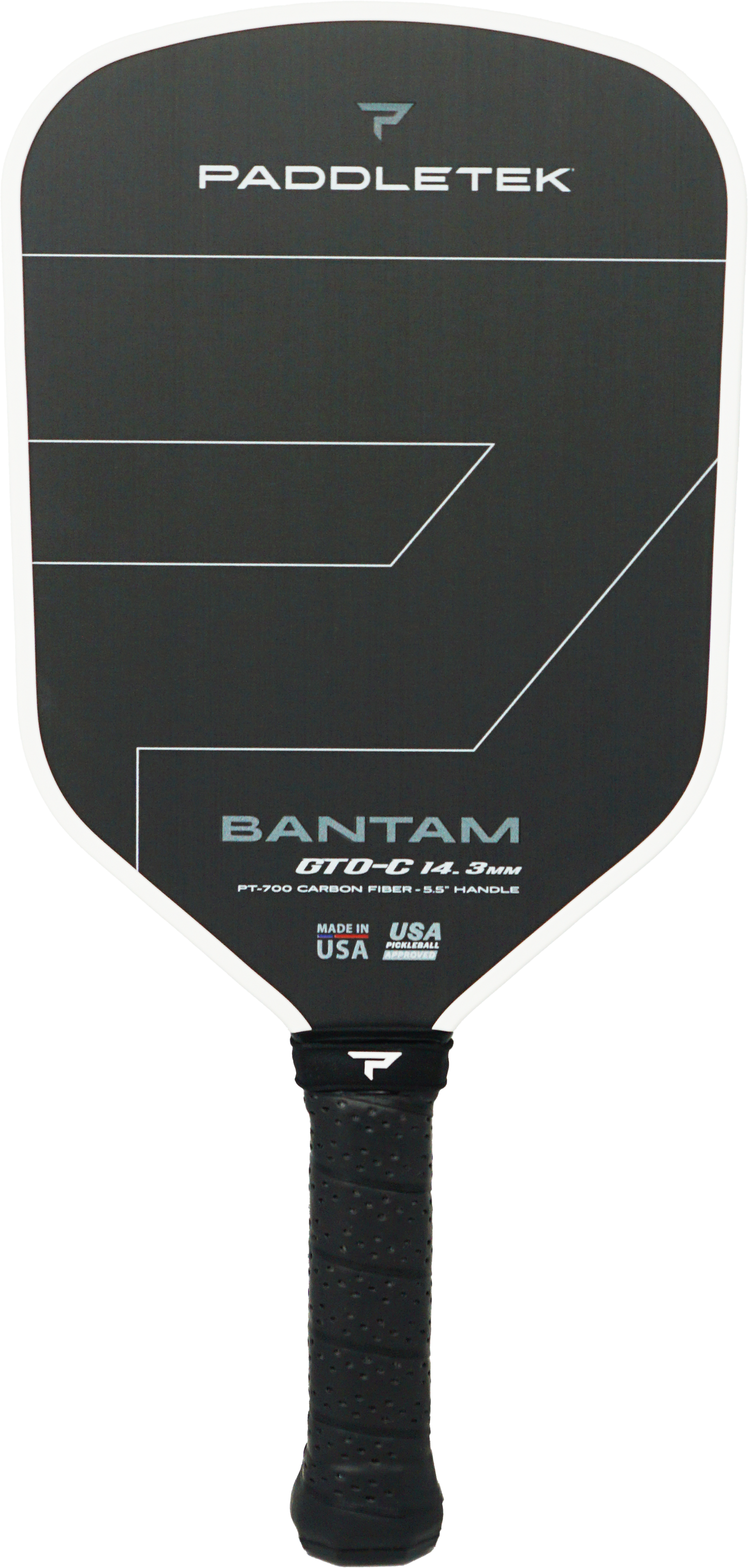The Paddletek Bantam GTO-C 14.3mm Carbon Fiber Pickleball Paddle features a black design with geometric lines and a textured grip, combining sleek style with optimal performance.