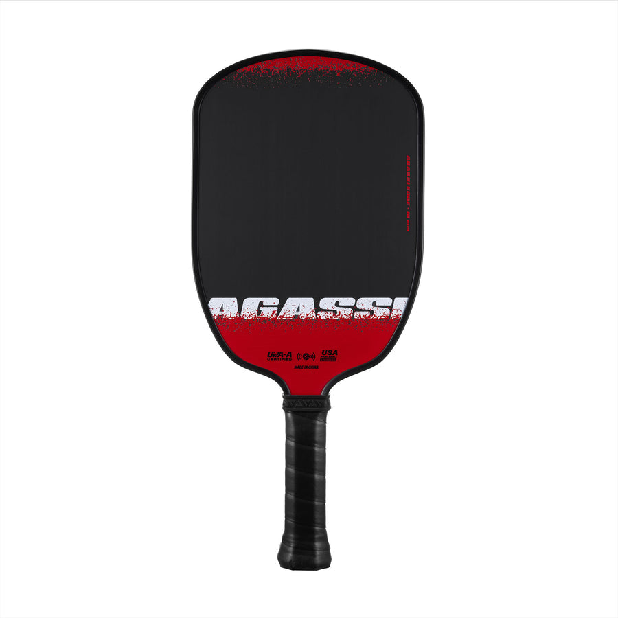 The JOOLA Andre Agassi Edge 16mm Pickleball Paddle features a black and red design with "AGASSI" in large white letters.
