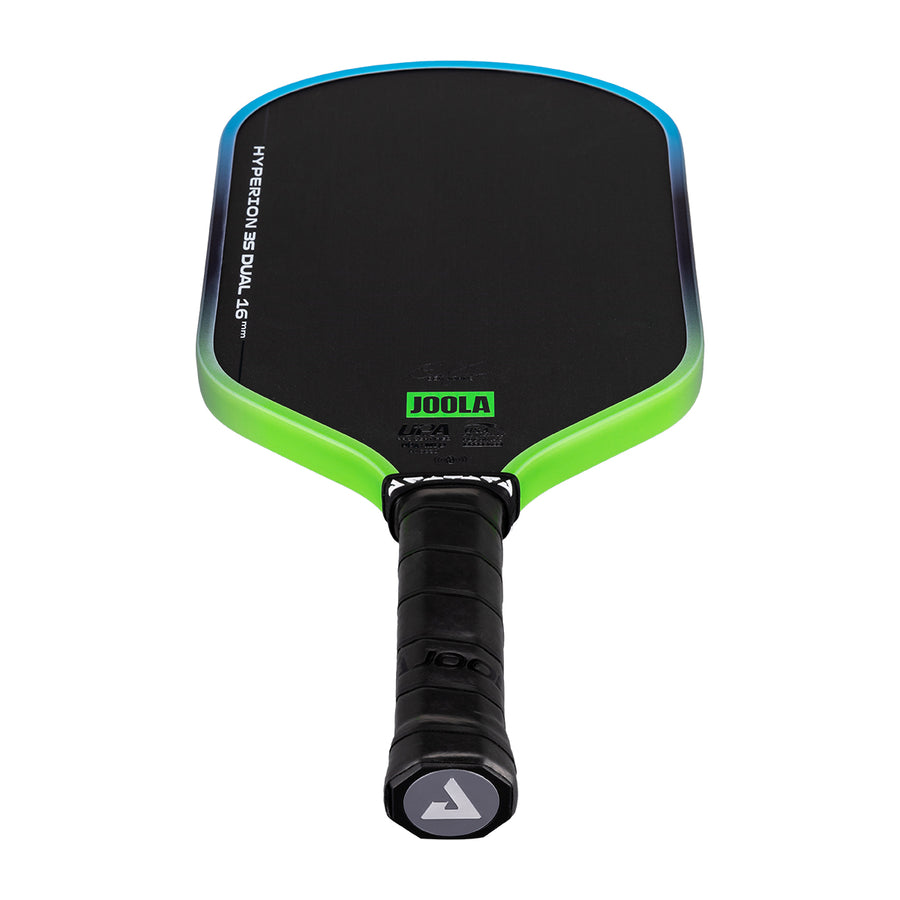The JOOLA Hyperion 3S Dual 16mm Pickleball Paddle features a black Charged Carbon Surface, green accents, and a black grip, displayed from the handle end.
