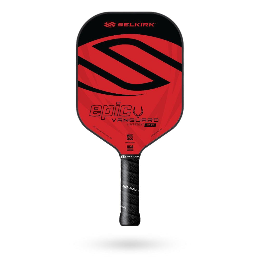 A red and black Selkirk Vanguard Epic Pickleball Paddle with a black grip, featuring an X5 Honeycomb core and QuadCarbon Face, proudly displaying the Selkirk logo and USA flag.