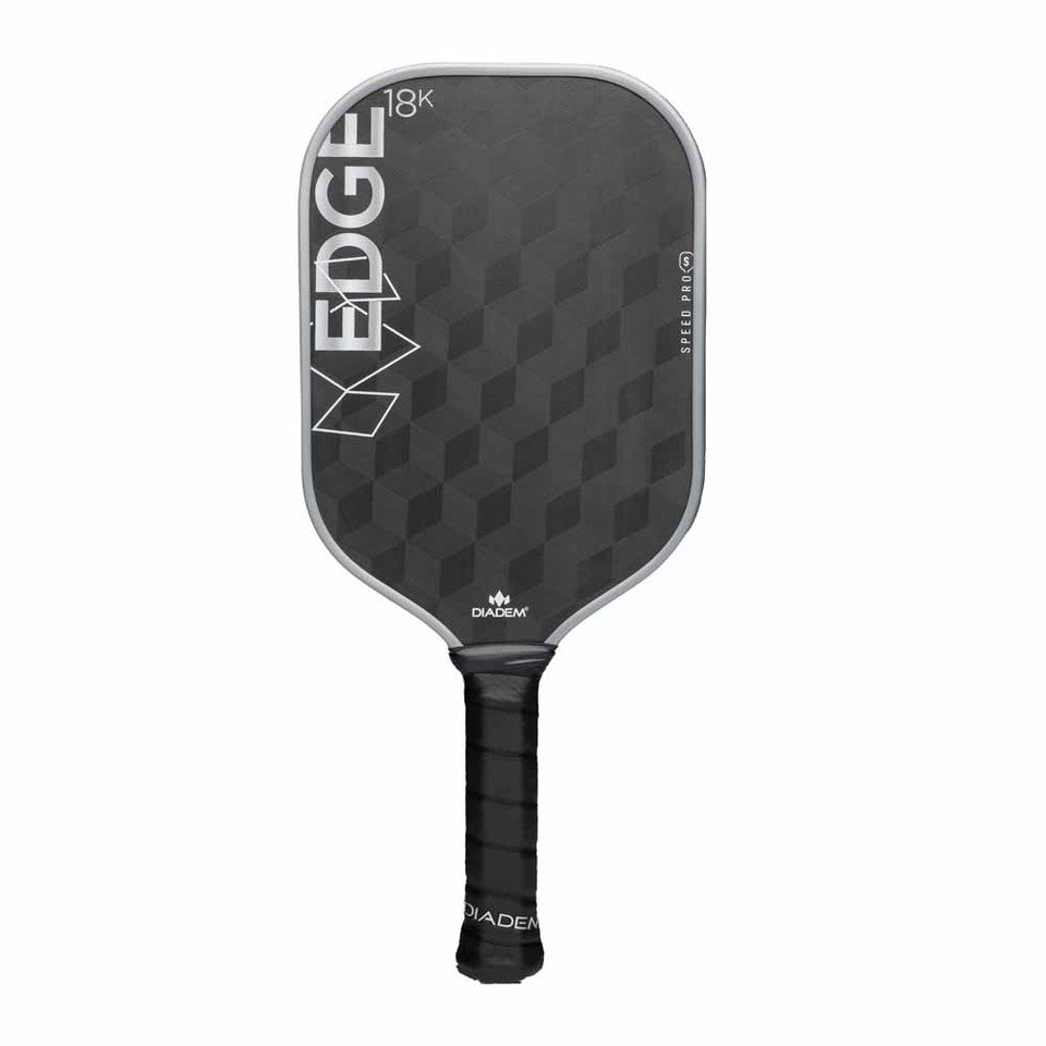 This black pickleball paddle is branded with "Diadem" and has the model name "Edge 18k Speed Pro" printed on the face, featuring a checkered pattern and a wrapped handle.
