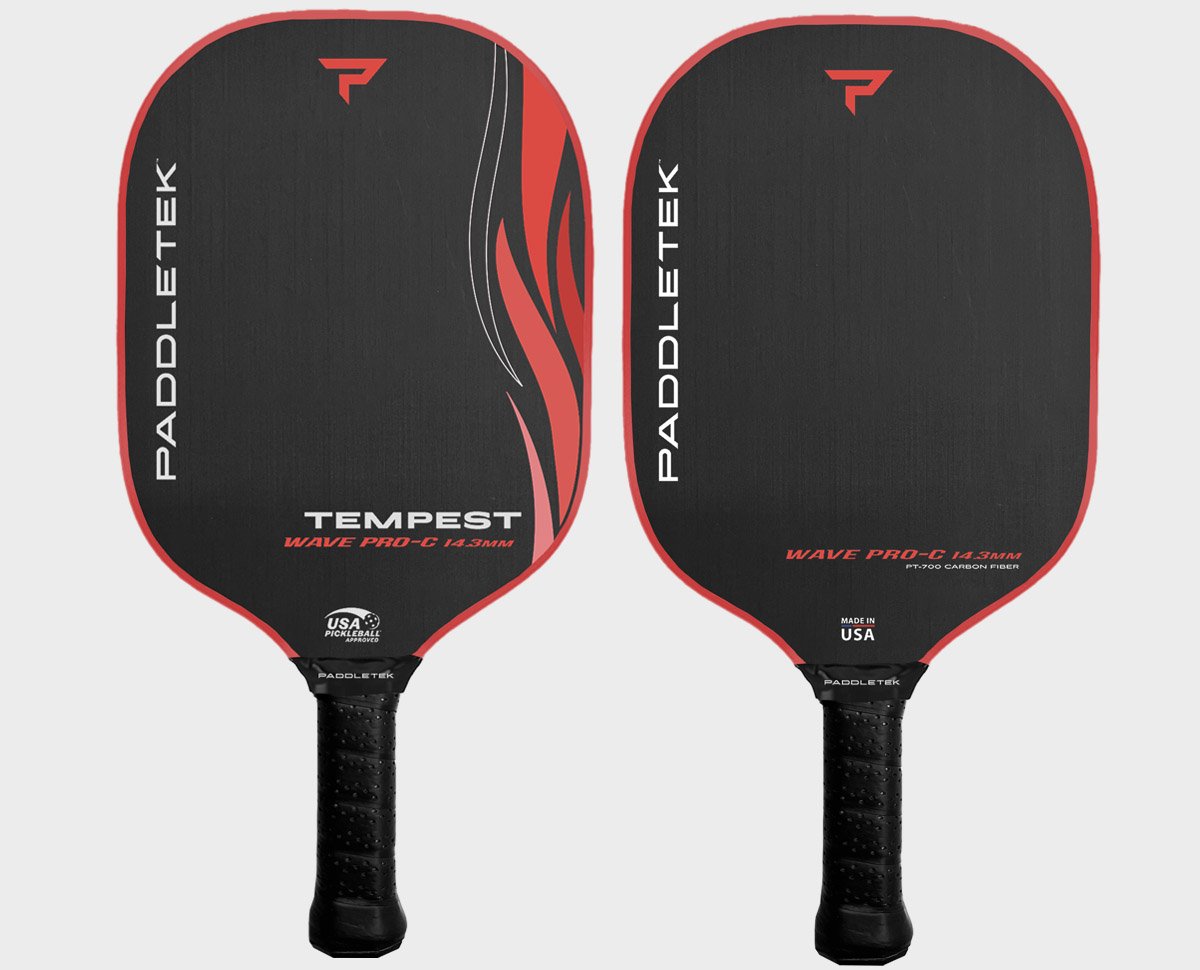 Two Paddletek Tempest Wave Pro-C 14.3mm Carbon Fiber Pickleball Paddles, featuring black and red designs with "Tempest Wave Pro-C" and "PADDLETEK" printed on them.