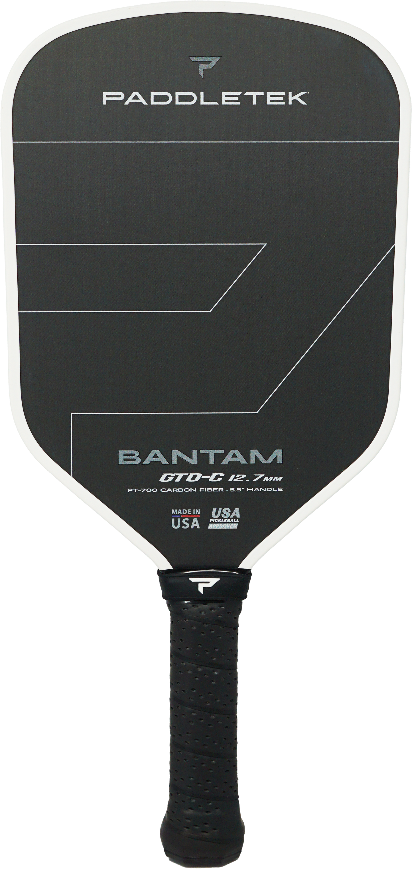 The Paddletek Bantam GTO-C 12.7mm Carbon Fiber Pickleball Paddle features a sleek black design with white edges, bold branding, and a textured grip handle for style and comfort.