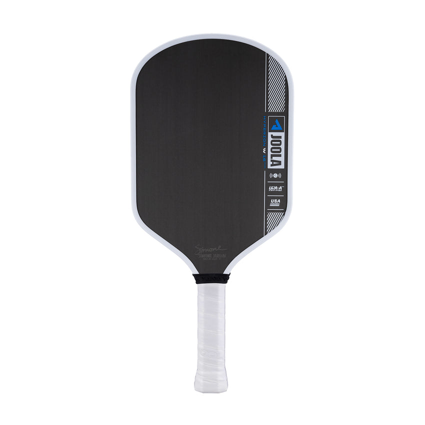 The JOOLA Simone Jardim Hyperion Pro 4 IV 16mm is a black paddle featuring a white edge and handle with a blue and white JOOLA logo.