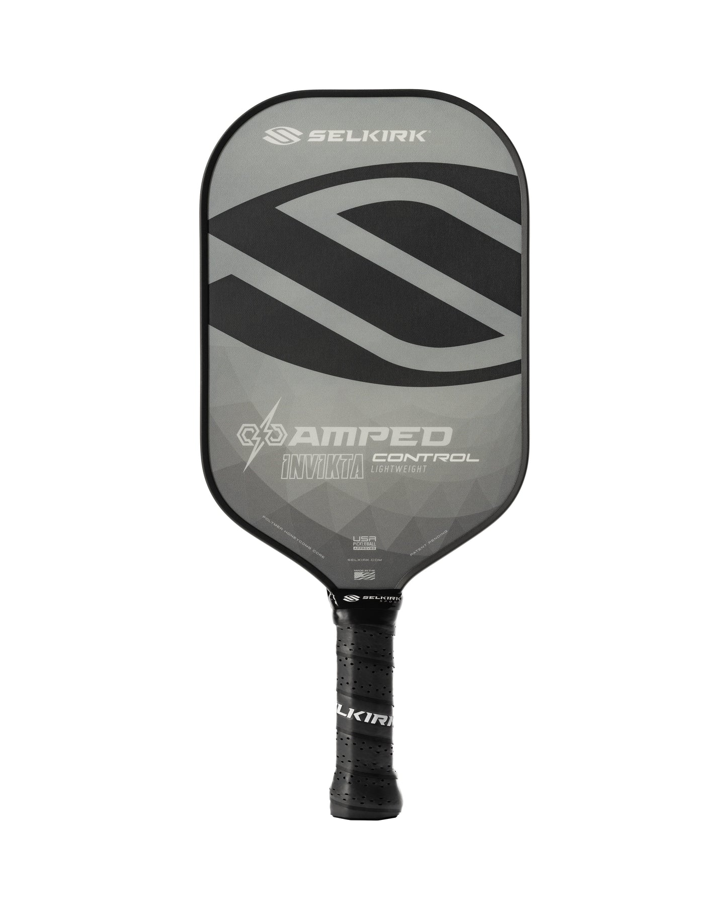 Selkirk AMPED Control Invikta 16mm Pickleball Paddle with a grey face, black grip, Selkirk logo, and "Amped Control Invikta" text.