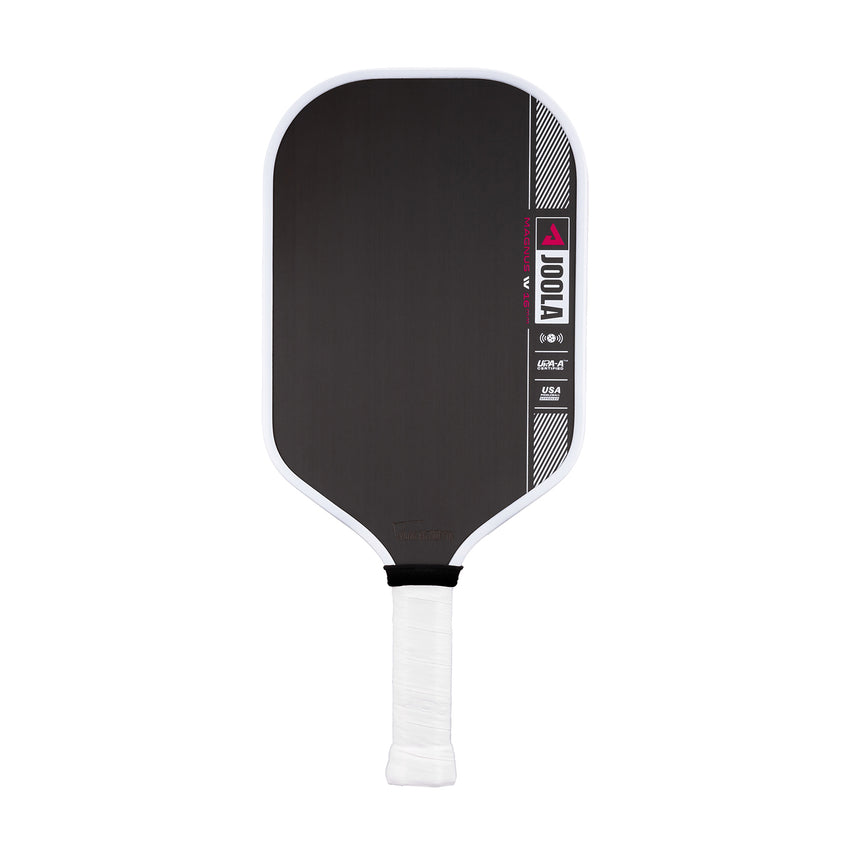 A JOOLA Tyson McGuffin Magnus Pro 4 IV 16mm pickleball paddle in black, featuring a white edge and grip, prominently displays the "JOOLA" logo along with text and symbols on the face.