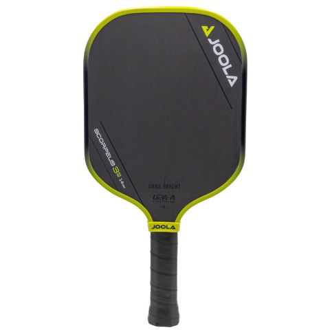 A JOOLA Anna Bright Scorpeus 3S 14mm Pickleball Paddle, distinguished by its black and green design, featuring a rectangular paddle face and a black grip handle.