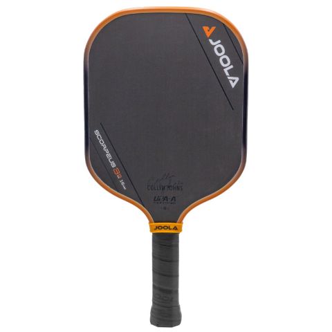 A JOOLA Collin Johns Scorpeus 3S 16mm Pickleball Paddle with a black face, orange trim, and a black handle.