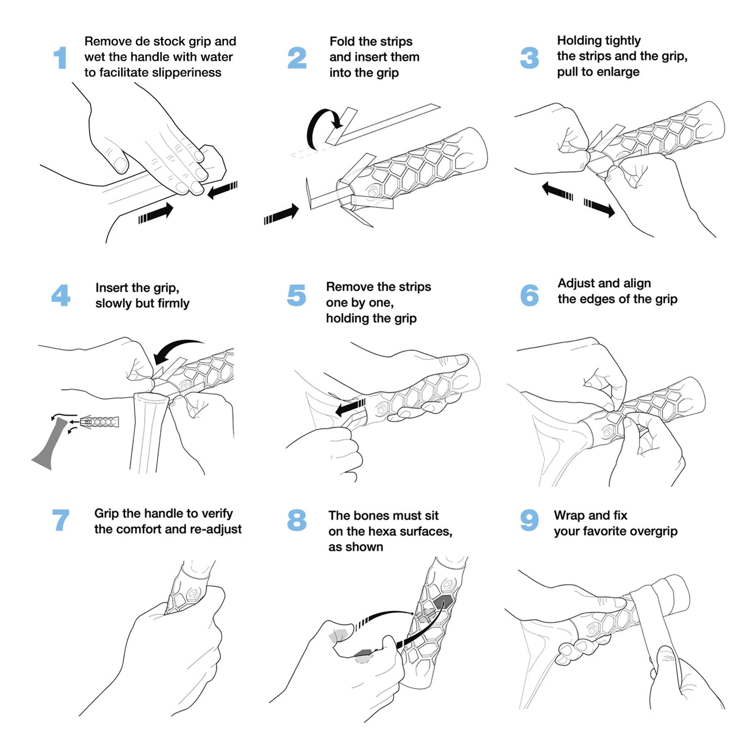 A nine-step guide illustrating how to apply the Hesacore Original (White) Pickleball Grip by Hesacore, detailing tools, hand positions, and necessary adjustments for correct installation.