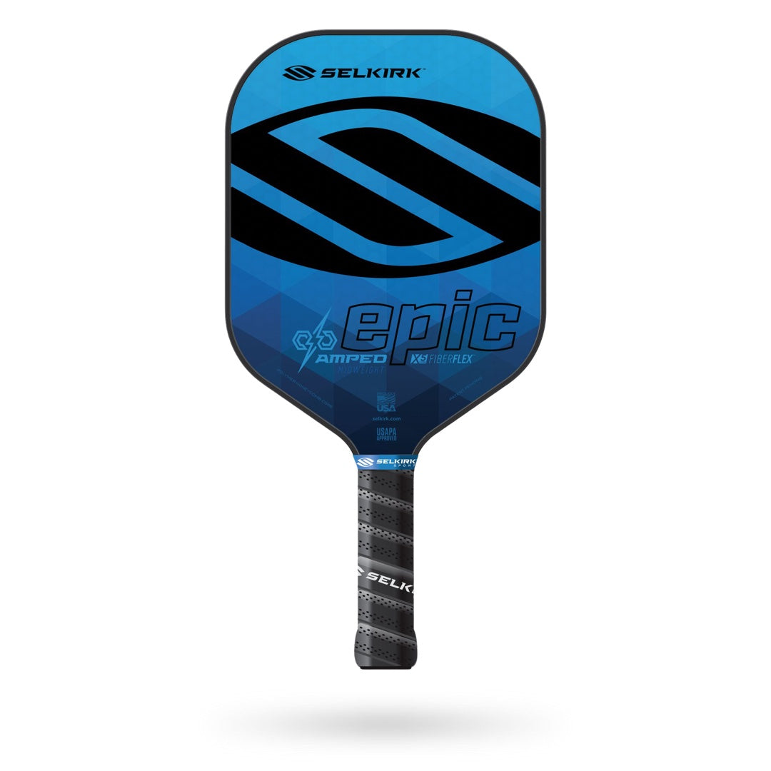 Selkirk Amped Epic Pickleball Paddle with blue and black design, featuring the Selkirk logo and branding on the paddle surface. This high-performance pickleball paddle also comes with a limited lifetime warranty, ensuring long-term reliability and playability.