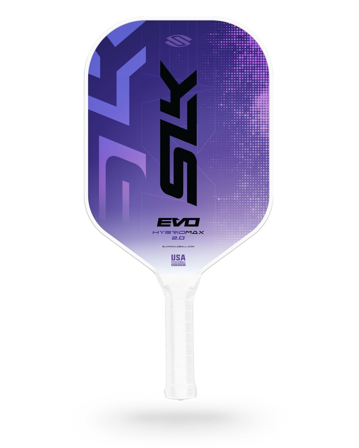 A purple and white Selkirk SLK Evo 2.0 Max Widebody Pickleball Paddle with a white grip, featuring branding and USA Pickleball approval text.