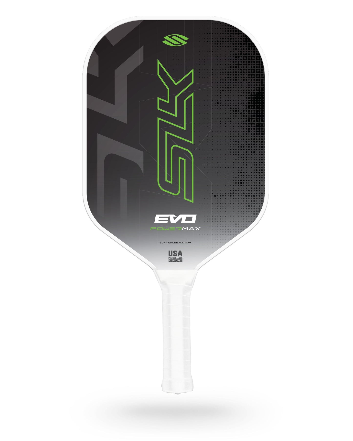 A Selkirk SLK Evo 2.0 Max Widebody Pickleball Paddle in black and white with green accents and a white handle, displayed against a plain white background.
