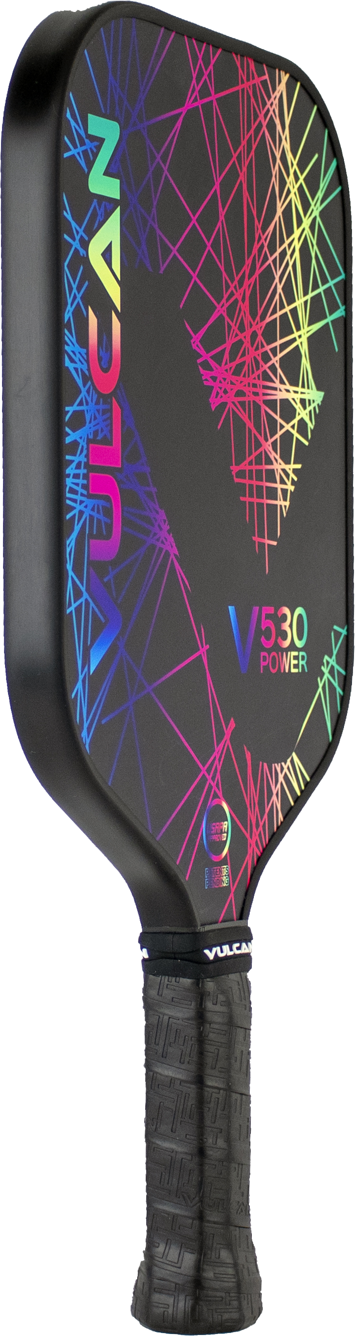 A black pickleball paddle with a colorful geometric design on the face and the text "VULCAN V530 Power" printed on it. The grip is wrapped in black material, making this Vulcan V530 Power Pickleball Paddle both stylish and functional.