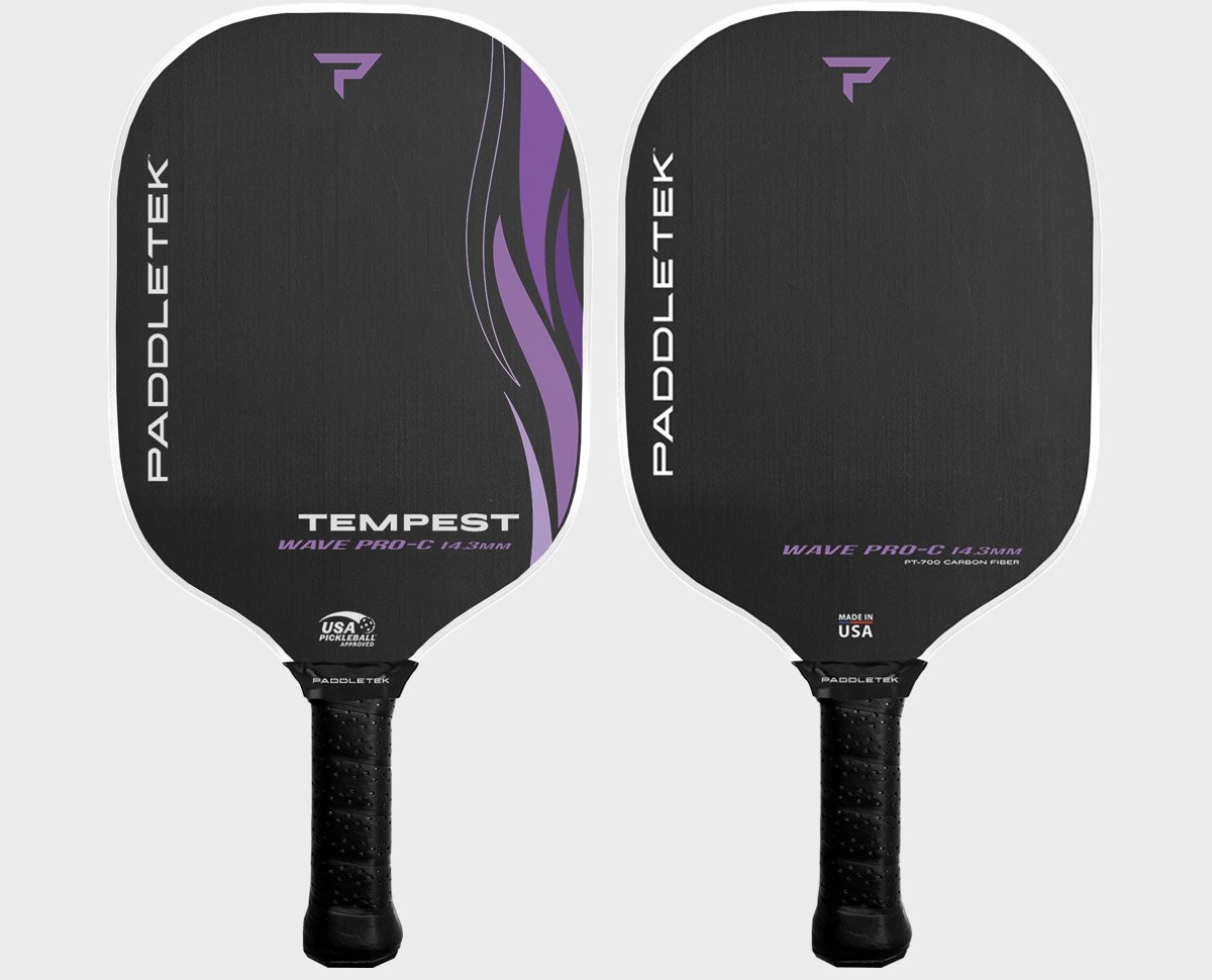 Two black Paddletek Tempest Wave Pro-C 14.3mm Carbon Fiber Pickleball Paddles are displayed with the front and back sides visible. Both feature a purple accent design and textured grips. Made in the USA by Paddletek.