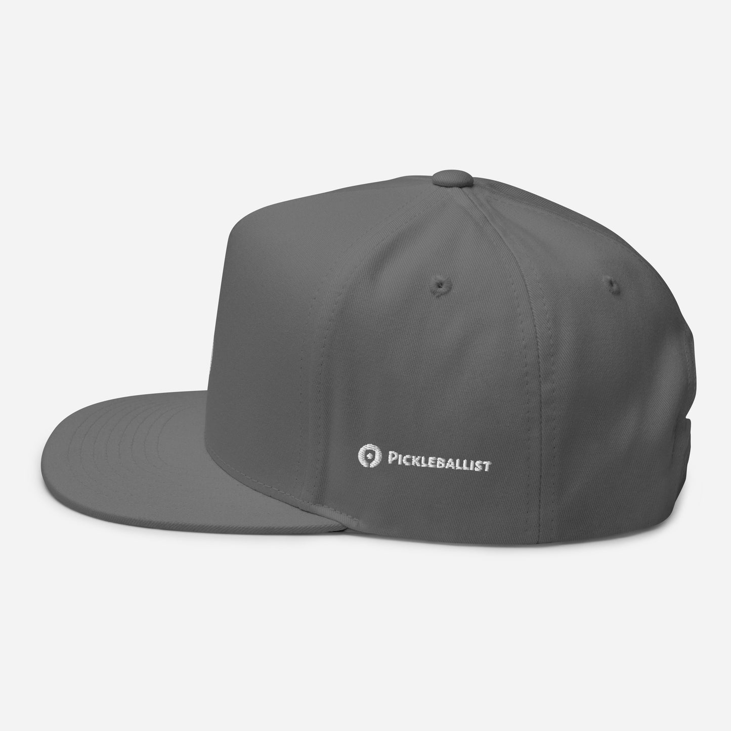 Pickleballist's Signature Logo Flat Brim Pickleball Hat is a gray flat-bill cap featuring the word "Pickleballist" and a small logo embroidered on the side, plus a snapback closure for an adjustable high-profile fit.
