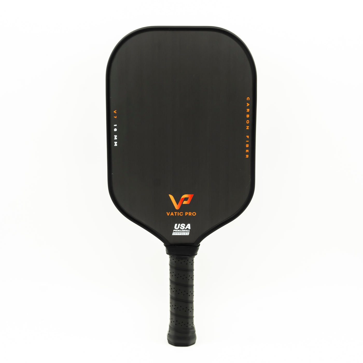 Black Pickleballist Vatic V7 16mm pickleball paddle with an orange and white logo, isolated on a white background.