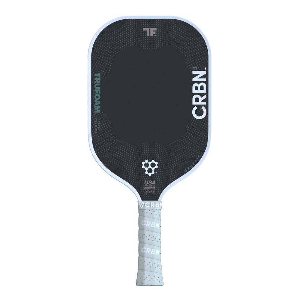 A CRBN 3 TruFoam Genesis TF³ Hybrid-Elongated 14mm pickleball paddle, black with a textured surface, light gray handle, and TRUFOAM and USA inscriptions.