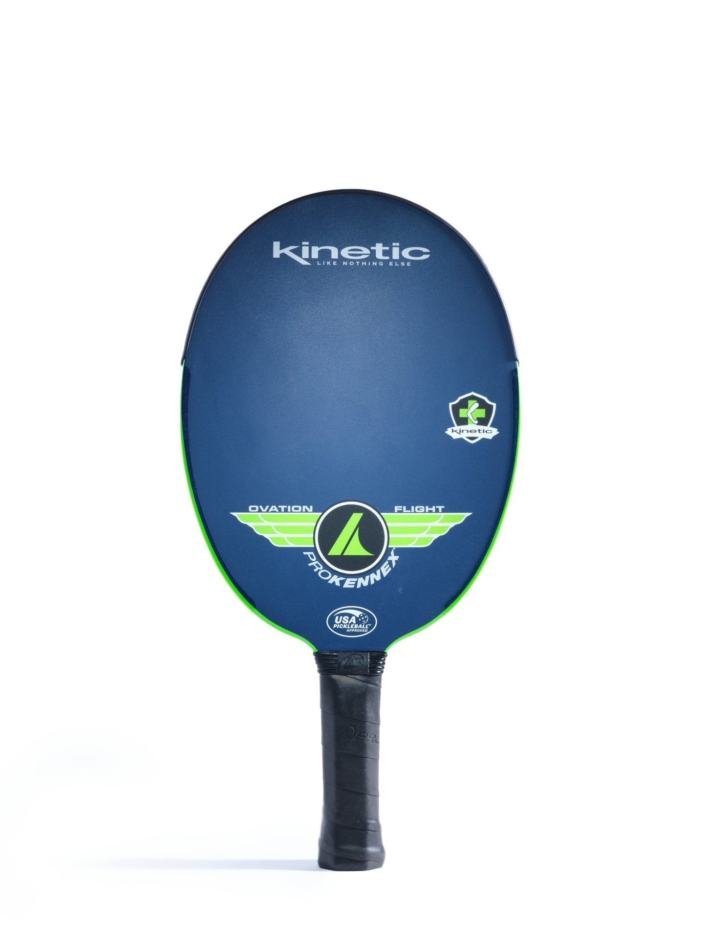A dark blue pickleball paddle with the brand name "ProKennex" and "ProKennex" logo, featuring a black grip handle. The ProKennex Kinetic Ovation Flight Pickleball Paddle, equipped with a Kinetic shock absorbing system, displays text "Ovation Flight" and certification logos.