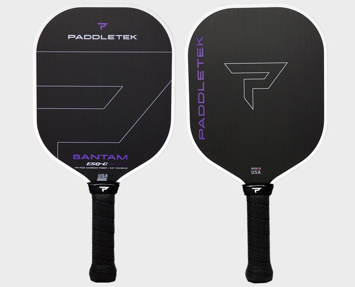 Two black Paddletek Bantam ESQ-C 12.7mm Carbon Fiber Pickleball Paddles are shown, with one paddle displaying the front design and the other showing the back.