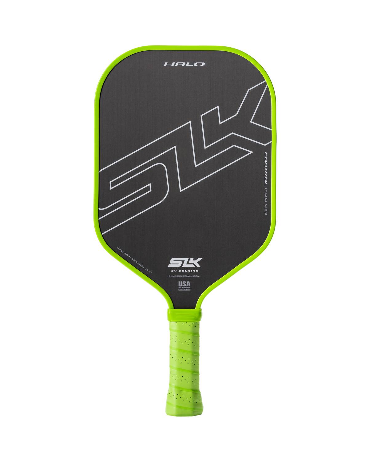 A black and green Pickleballist SLK Halo Max pickleball paddle with a prominent logo on the hitting surface and a neon green grip offers multiple product color selection options.