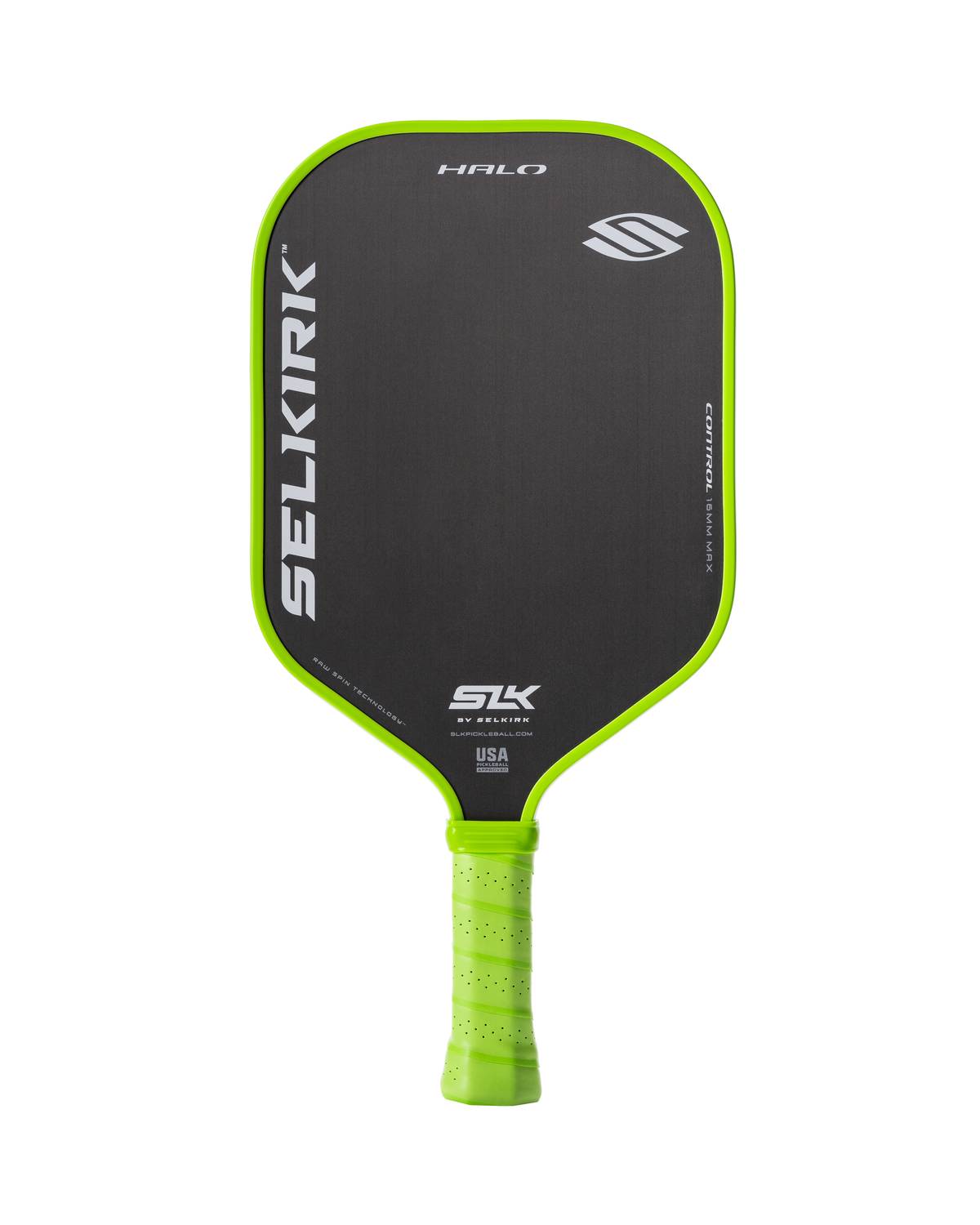 A Pickleballist brand Selkirk SLK Halo Max pickleball paddle with a black face and neon green trim, offering multiple product color selections, featuring the Selkirk logo and a textured grip handle.