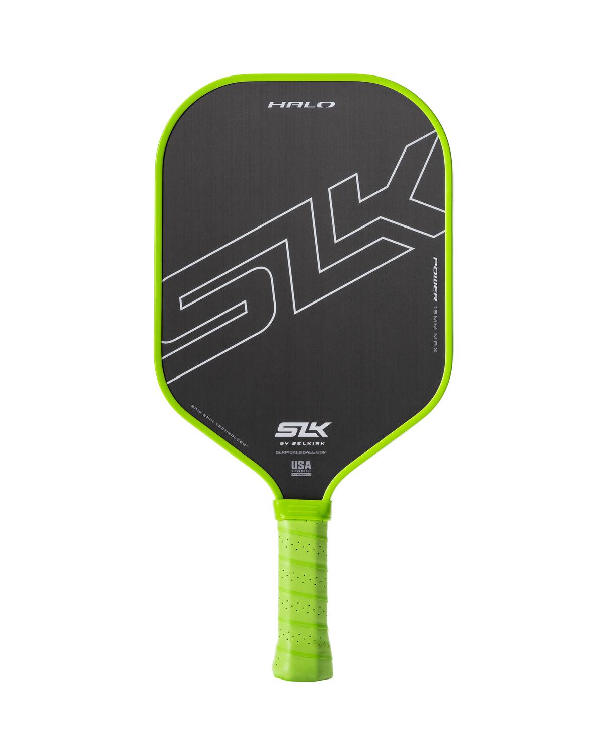 A Pickleballist Selkirk SLK Halo Max pickleball paddle with color options in green and grey, featuring the logo prominently on the face.