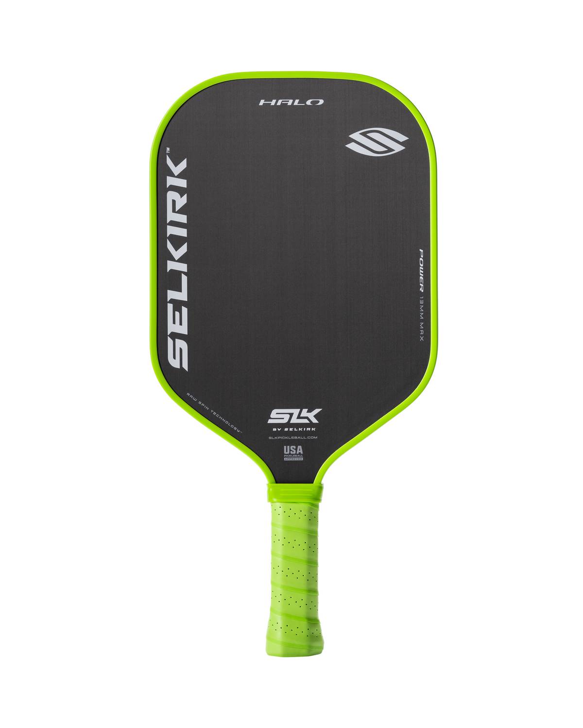 A Pickleballist Selkirk SLK Halo Max pickleball paddle with color options of black and neon green, showcasing the brand logo and USA label on the face.