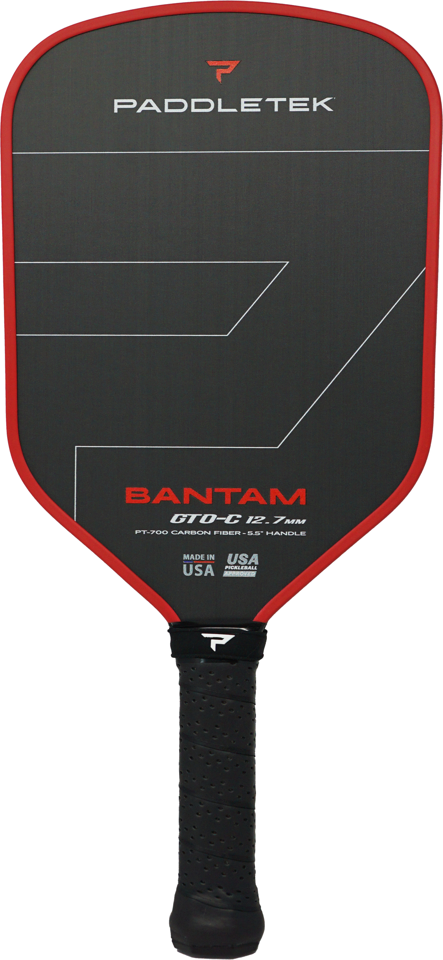 A Paddletek Bantam GTO-C 12.7mm Carbon Fiber Pickleball Paddle, black and red with a textured face and cushioned grip, displayed upright on a white background.