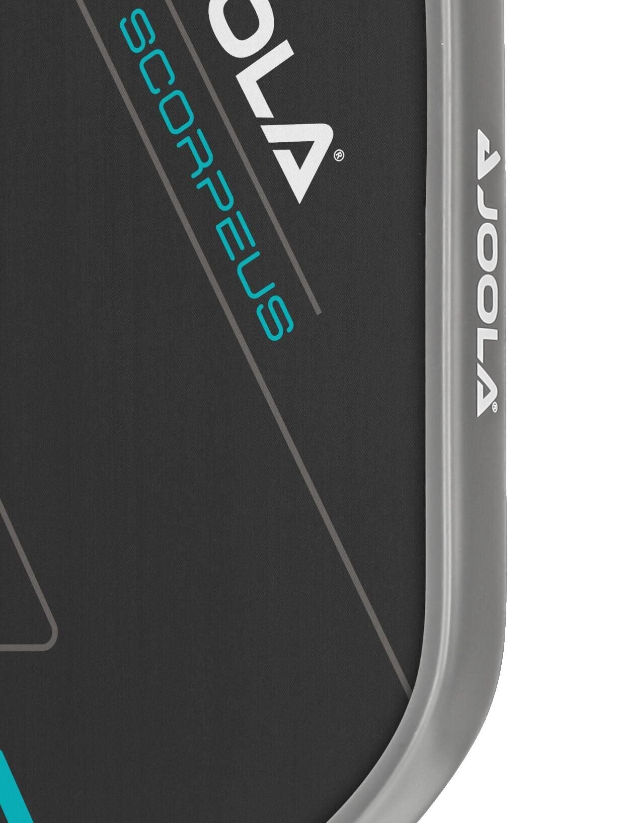 Close-up of the JOOLA Collin Johns Scorpeus CFS 16mm Pickleball Paddle with the brand name visible on the edge and the word "Scorpeus" on the surface.