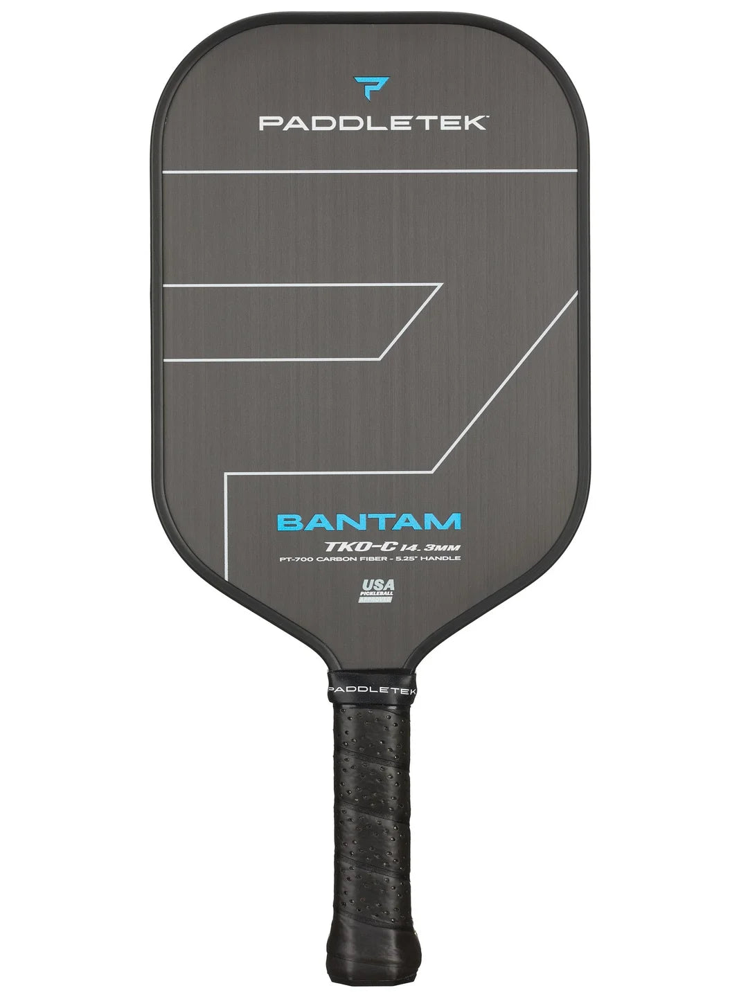 The Paddletek Bantam TKO-C 14.3mm Carbon Fiber Pickleball Paddle by Paddletek boasts a sleek black and gray design, featuring the model TKO-C, a USA flag, and text highlighting its Carbon Fiber surface and Smart Response Technology core.