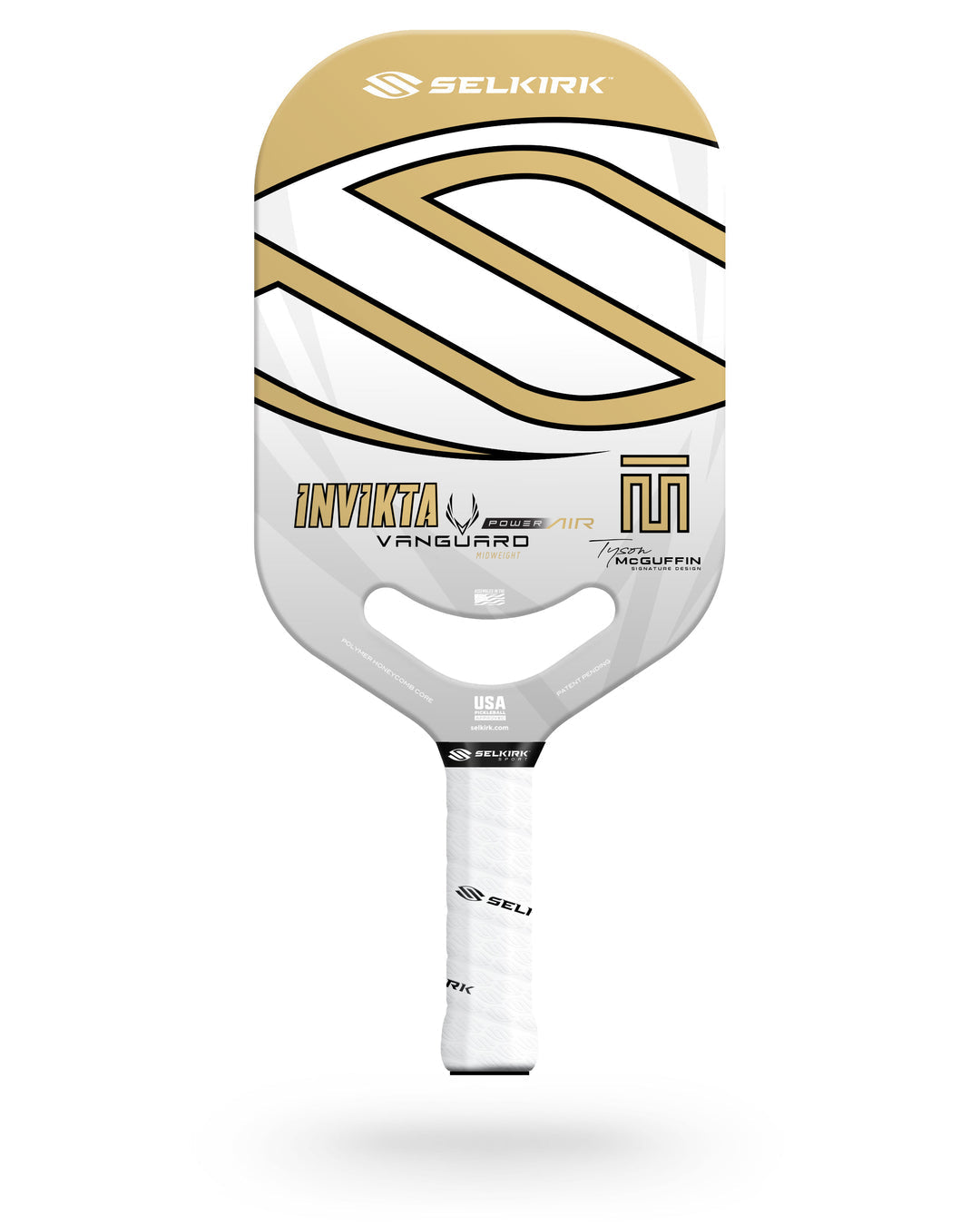 A Selkirk Power Air Invikta Pickleball Paddle with a gold and white design.